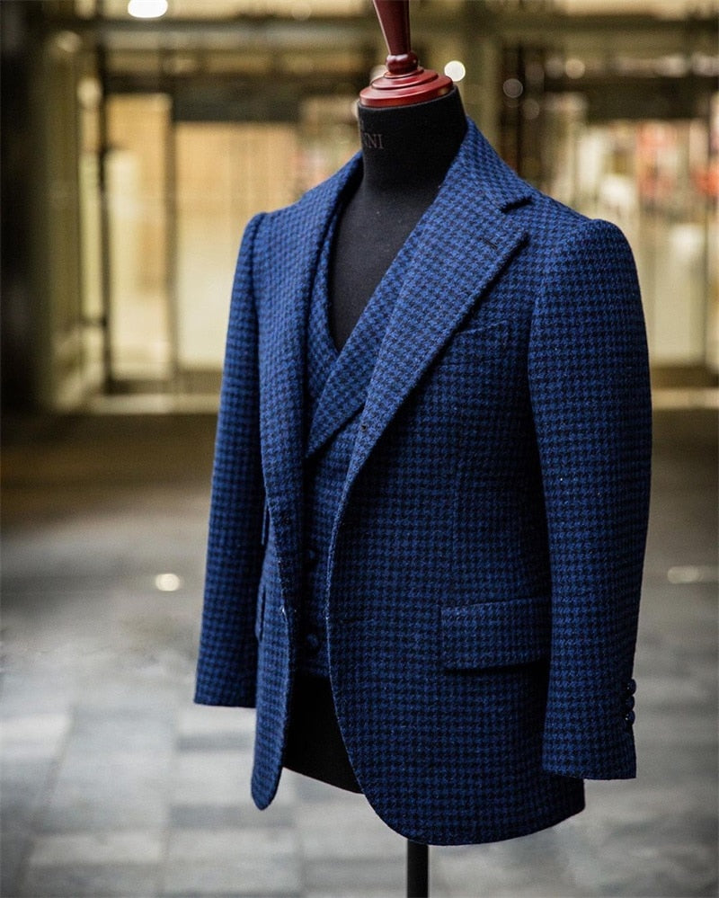 Conjunto de traje azul para hombre, 3 piezas, a medida, de lana de invierno, blazer, chaleco y pantalones, para boda, graduación, esmoquin y chaqueta. 