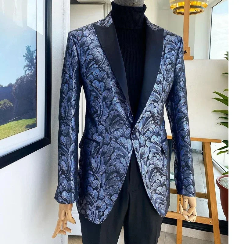 Trajes de hombre de jacquard azul para fiesta de boda, 2 piezas, chaqueta con solapa de pico y pantalones, esmoquin de novio de moda de corte entallado.