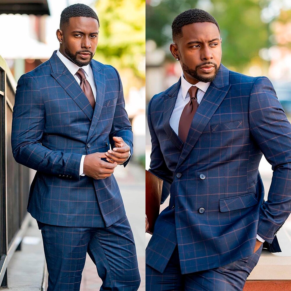 Costume homme bleu à carreaux avec veste croisée deux pièces pantalon sur mesure pour fête de mariage, occasion formelle 
