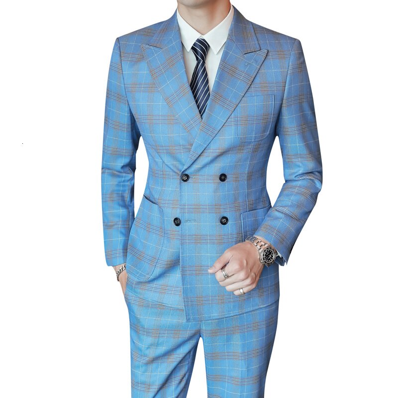 Blue Lattice Suits men Dress men Suits With Pants Club Terno 3-piece Set Trajes De Vestir Para Hombres Double Breasted Suits