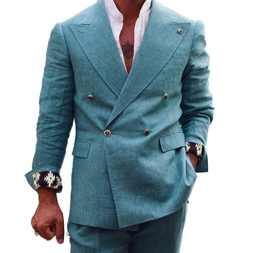 Blue Men's Suit 2 Pieces Blazer Pants One Button Peaked Lapel Linen Formal Business Slim Formal Wedding Groom Costume Homme
