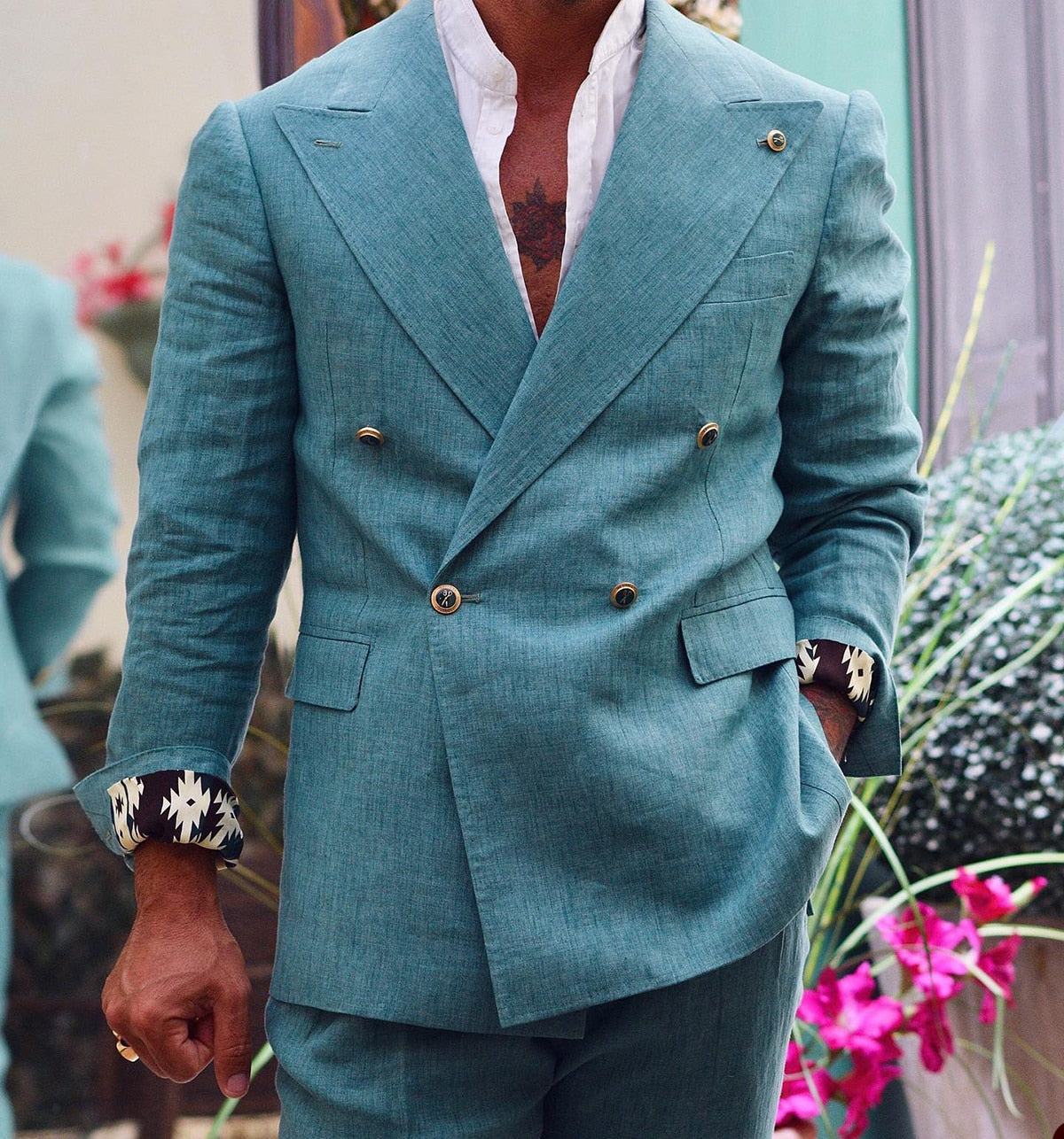 Blue Men's Suit 2 Pieces Blazer Pants One Button Peaked Lapel Linen Formal Business Slim Formal Wedding Groom Costume Homme