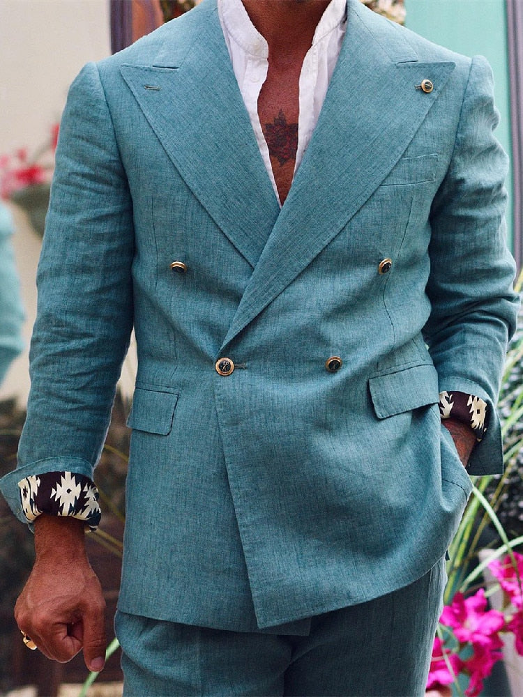Blue Men's Suit 2 Pieces Blazer Pants One Button Peaked Lapel Linen Formal Business Slim Formal Wedding Groom Costume Homme