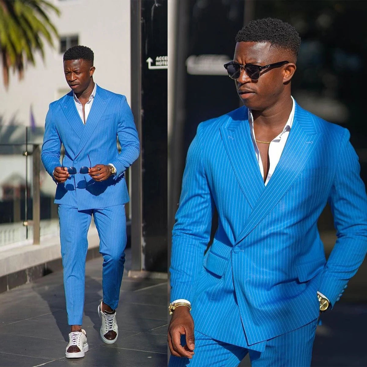 Costumes bleus pour hommes sur mesure 2 pièces blazer pantalon un bouton rayures fines smoking large revers affaires mariage grande taille sur mesure 