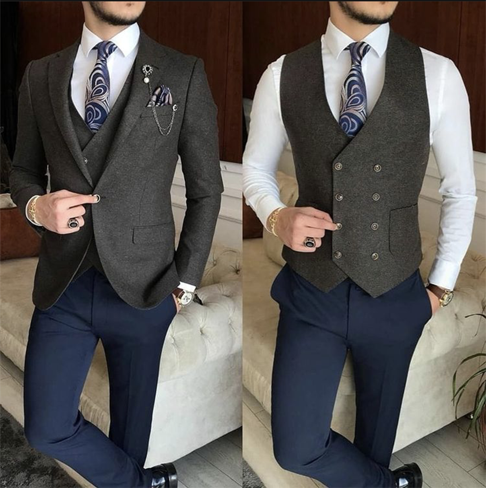 Blue 3 Pieces Wedding Formal Men Suits Tuxedos Blazer Trousers Slim Fit Groom Party Wear Prom Dress Jacket+Vest+Pants