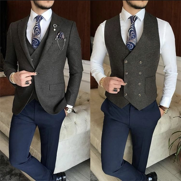 Blue 3 Pieces Wedding Formal Men Suits Tuxedos Blazer Trousers Slim Fit Groom Party Wear Prom Dress Jacket+Vest+Pants