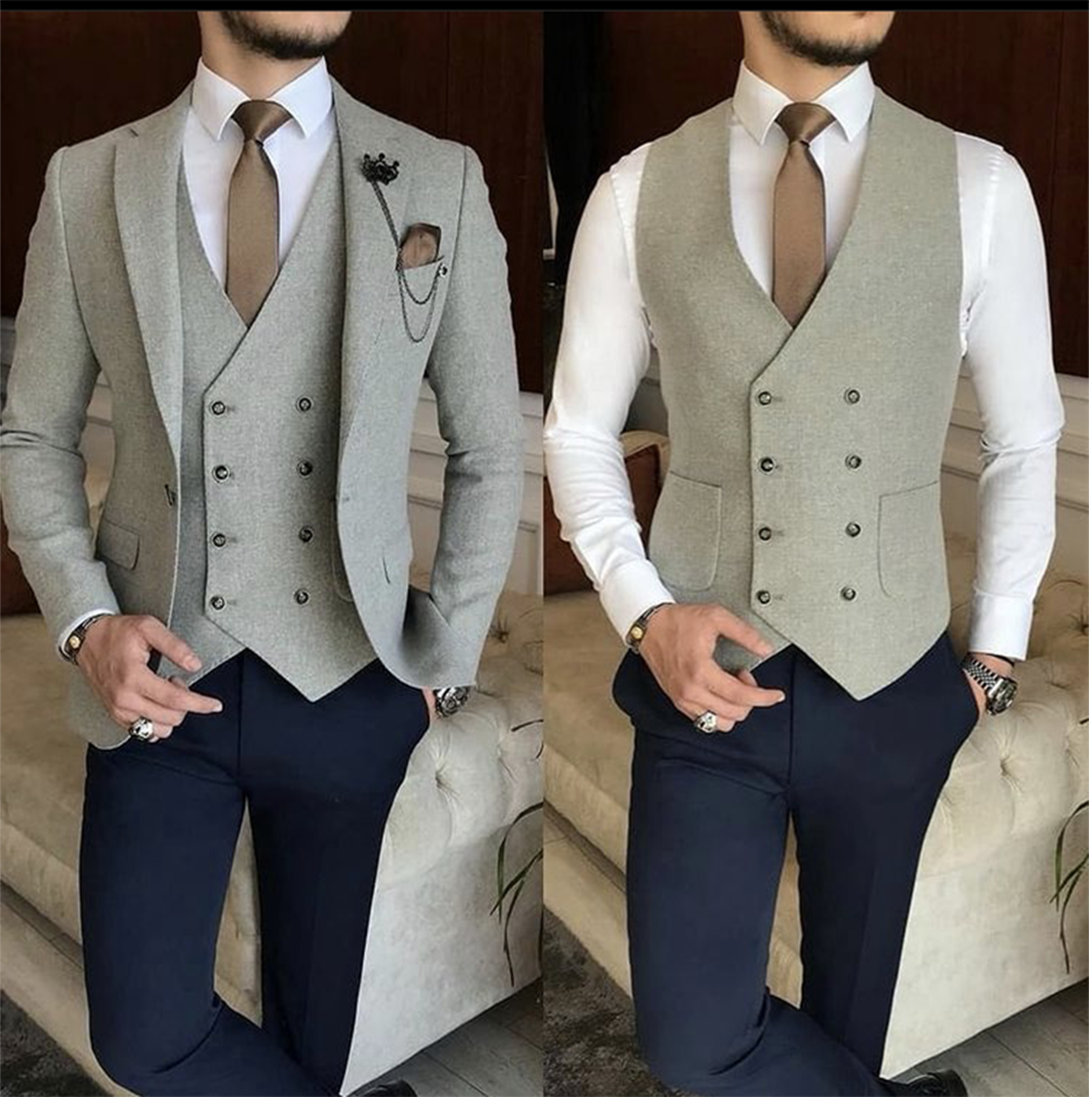 Costume de mariage bleu 3 pièces pour homme, smoking, blazer, pantalon, coupe slim, tenue de soirée, robe de bal, veste, gilet et pantalon 