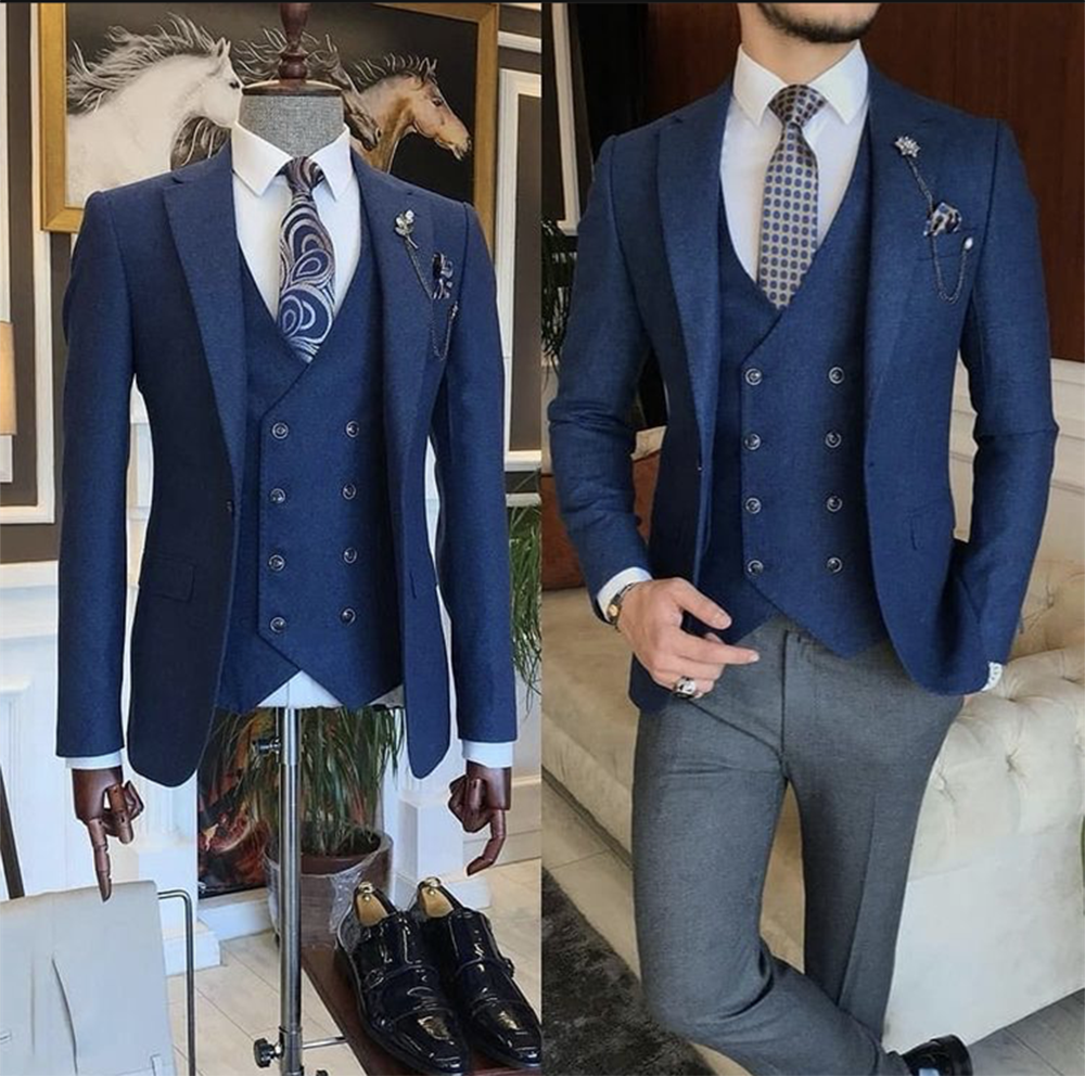 Costume de mariage bleu 3 pièces pour homme, smoking, blazer, pantalon, coupe slim, tenue de soirée, robe de bal, veste, gilet et pantalon 