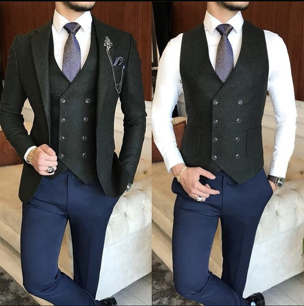 Costume de mariage bleu 3 pièces pour homme, smoking, blazer, pantalon, coupe slim, tenue de soirée, robe de bal, veste, gilet et pantalon 