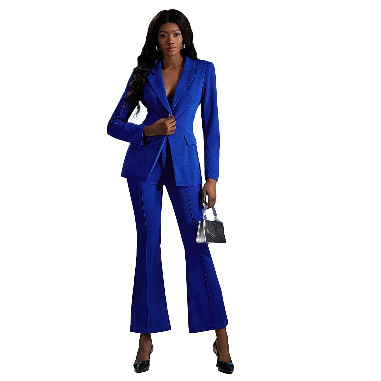 Blue Office Lady Pant Suits Slim Fit Loose Leg Evening Party Women Tuxedos Outfit Wear 2 Pieces