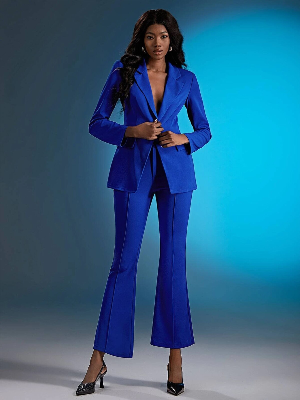 Blue Office Lady Pant Suits Slim Fit Loose Leg Evening Party Women Tuxedos Outfit Wear 2 Pieces