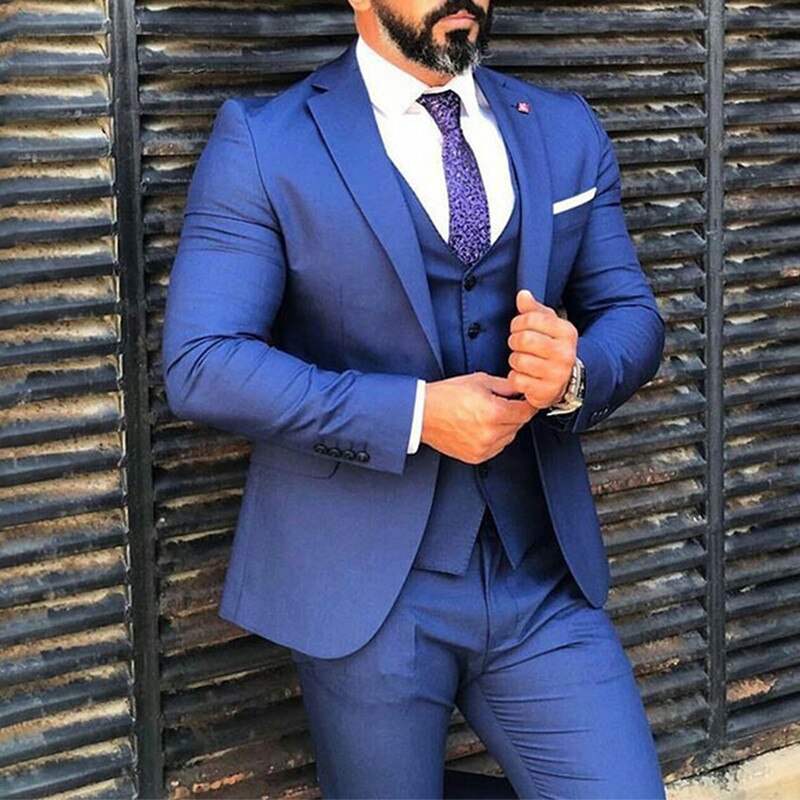 Blue One Button Men's Wedding Suits  Slim Fit Groom Tuxedo for Wedding Costume Homme 3 Pieces Male Suit (Blazer+Pants+Vest)