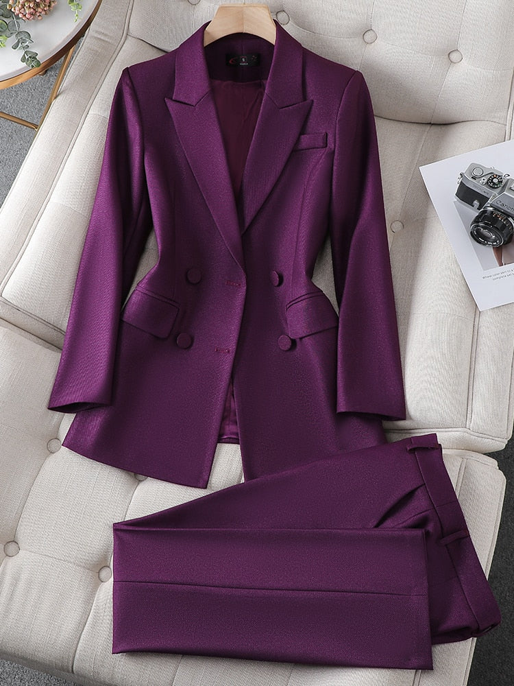 Blue Purple Black Women Blazer and Pant Suit Office Ladies Business Work Wear 2 Piece Set Long Sleeve Jacket And Trouser