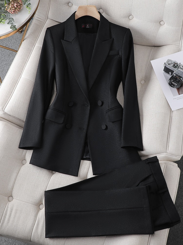 Blue Purple Black Women Blazer and Pant Suit Office Ladies Business Work Wear 2 Piece Set Long Sleeve Jacket And Trouser