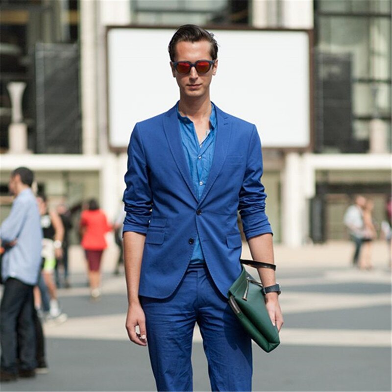 Traje de hombre de dos botones con solapa azul, 2 piezas (chaqueta, pantalón y corbata), esmoquin de verano para padrinos de boda, graduación, blazer ajustado.