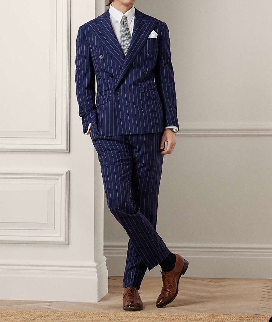 Blue Stripe Business Men Suits New Fit Simple Wedding Tailor-Made Groom 2-Pieces Coat Pants Formal Occasions Party Customized