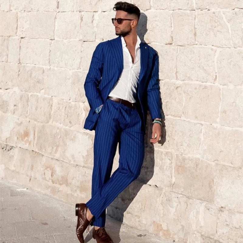 Costume 2 pièces bleu à rayures pour homme, coupe slim, revers larges, smoking de marié pour mariage, blazer tendance avec pantalon