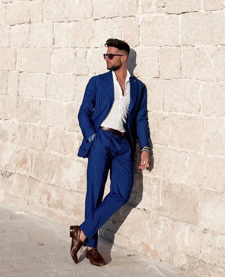 Costume 2 pièces bleu à rayures pour homme, coupe slim, revers larges, smoking de marié pour mariage, blazer tendance avec pantalon