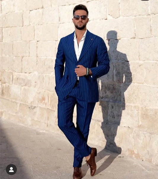 Blue Stripe Men Suits Slim Fit Wide Peak Lapel Groom Tuxedo for Wedding Wear 2 Pieces Male Fashion Blazer with Pants