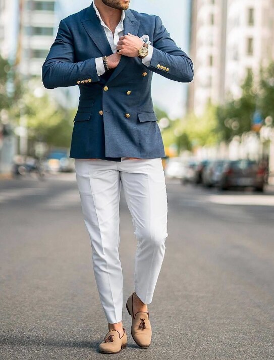 Costume bleu avec pantalon blanc, robe de mariée, robe de bal, costumes d'affaires, costumes de fête, costume homme, costume 2 pièces (veste + pantalon) 