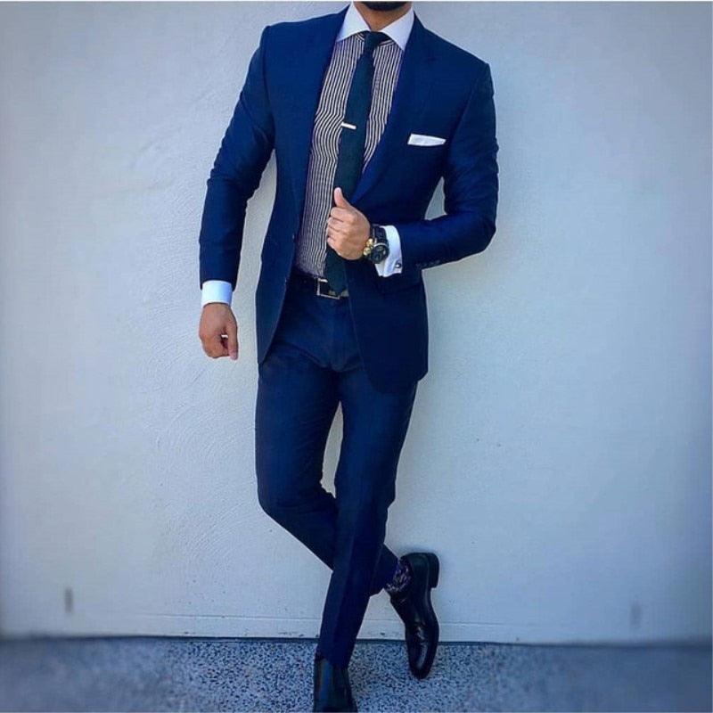 Trajes de boda azules para hombre, 2 piezas (chaqueta, pantalón y corbata), trajes de hombre, blazer entallado, traje de novio. 