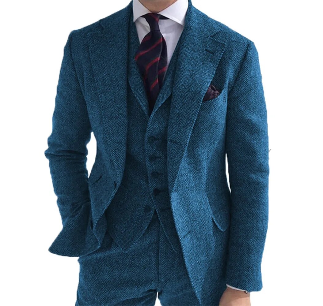 Blue Wide Lapel Herringbone Pattern Blazer Trousers 3pcs Jacket Pants Vest Men's Set Wedding Clothing Dinner