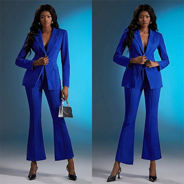 Blue Women Suit Set Blazer+Flare Pants 2 Pcs Prom Dress Formal Office Lady Jacket Coat Custom Size Wedding Tuxedo