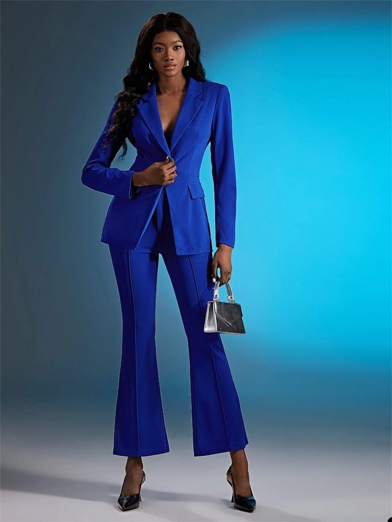 Conjunto de traje azul para mujer, blazer y pantalón acampanado, 2 piezas, para fiesta, formal, oficina, chaqueta, abrigo, talla personalizada, esmoquin de boda. 