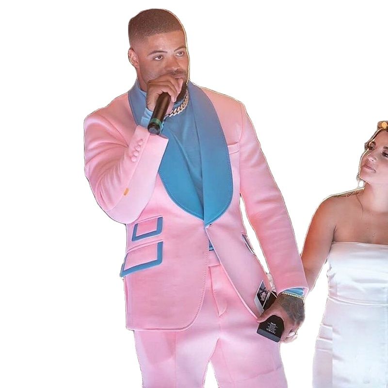 Esmoquin de novio azul y rosa para fiesta de bodas, solapa chal, trajes de hombre ajustados a medida con pantalones cortos, 2 piezas 