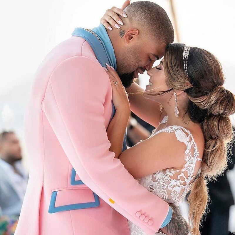 Esmoquin de novio azul y rosa para fiesta de bodas, solapa chal, trajes de hombre ajustados a medida con pantalones cortos, 2 piezas 