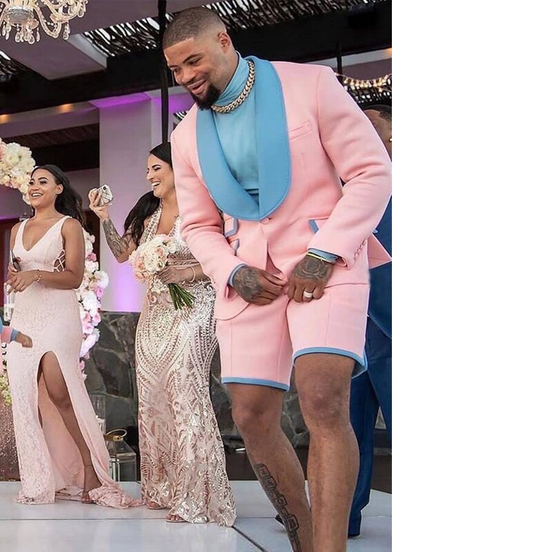 Esmoquin de novio azul y rosa para fiesta de bodas, solapa chal, trajes de hombre ajustados a medida con pantalones cortos, 2 piezas 