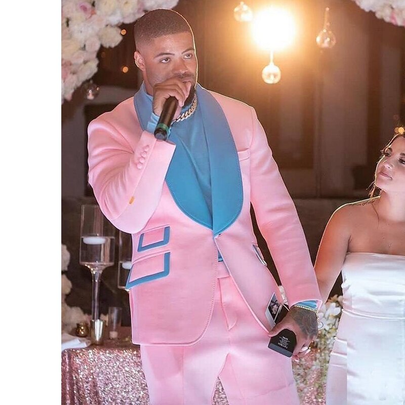 Smoking de marié bleu et rose pour fête de mariage, revers châle, costume pour homme sur mesure, coupe slim, avec pantalon court, 2 pièces 