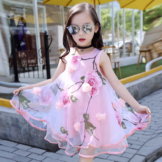 Girls Pink Sleeveless Flower Embroidered Mesh Dress