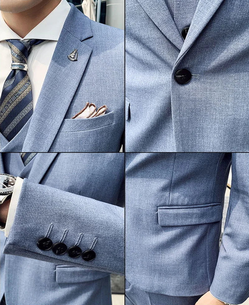 Conjunto de 3 piezas de traje de caballero de estilo italiano elegante, informal, de negocios y de color liso (chaqueta, chaleco y pantalón) para hombre.