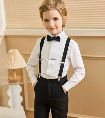 Boys Formal Outfit White Long Sleeve Shirt with Bow Tie Black Pants and Suspenders