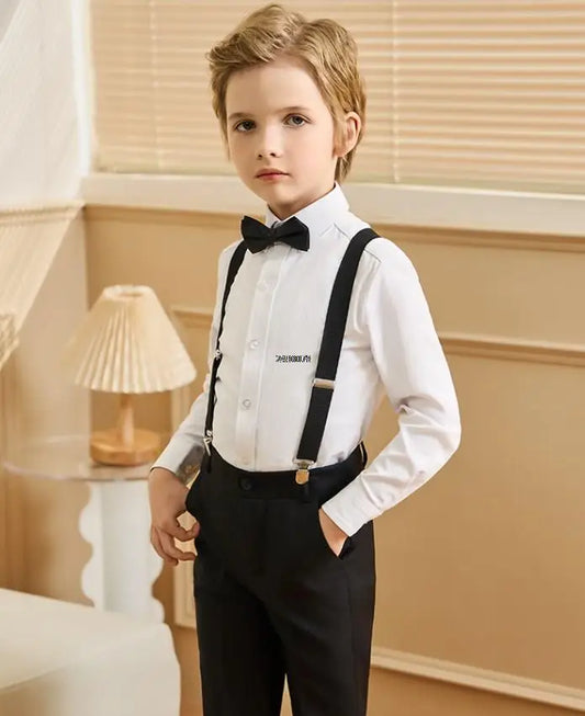 Boys Formal Outfit White Long Sleeve Shirt with Bow Tie Black Pants and Suspenders