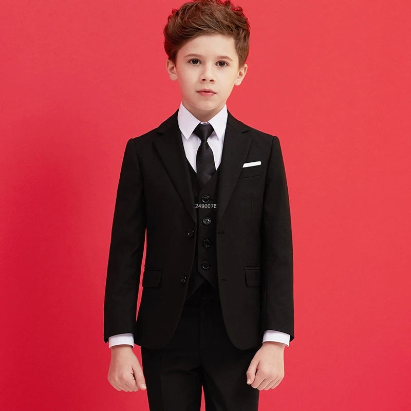 Boys Black Formal Suit with White Shirt and Black Tie Three Piece Set