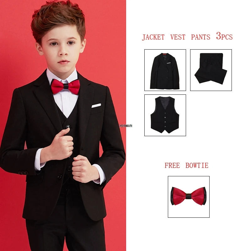 Boys Black Formal Suit with White Shirt and Black Tie Three Piece Set