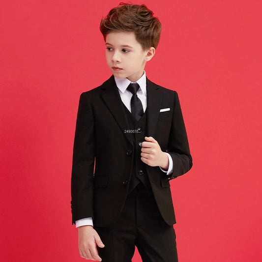 Boys Black Formal Suit with White Shirt and Black Tie Three Piece Set