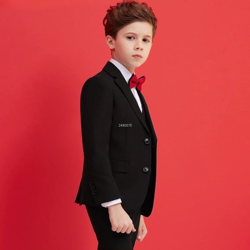 Boys Black Formal Suit with White Shirt and Black Tie Three Piece Set