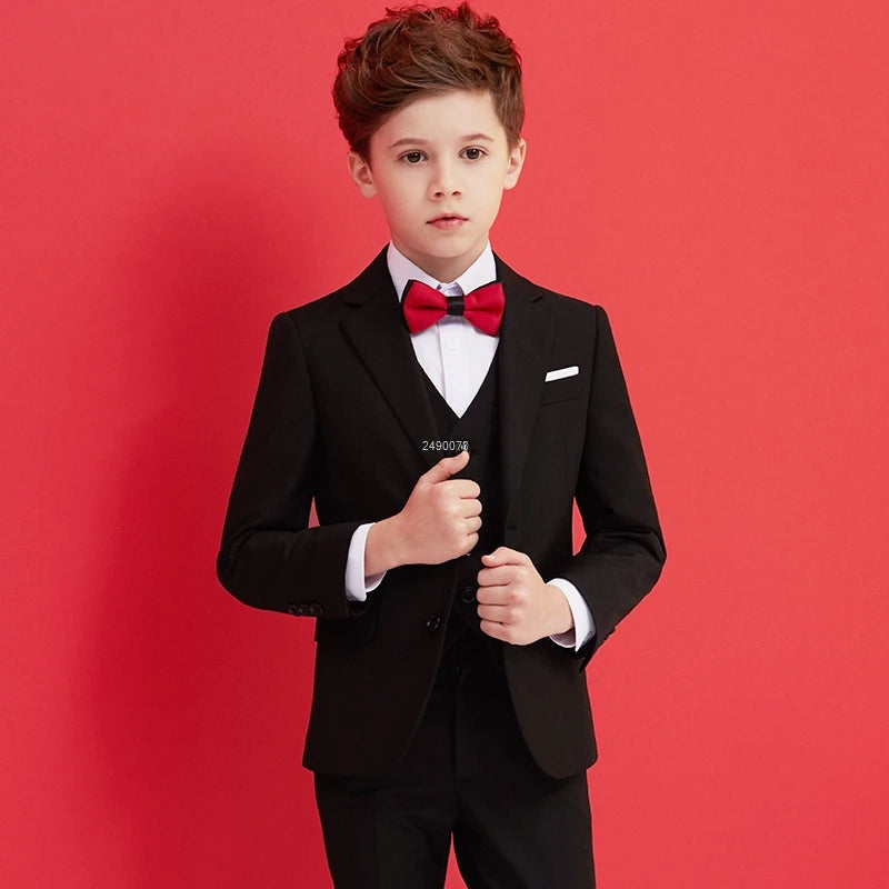 Boys Black Formal Suit with White Shirt and Black Tie Three Piece Set