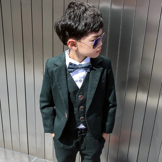 Boys Formal Dark Green Suit with Jacket Vest Pants and Bow Tie Set