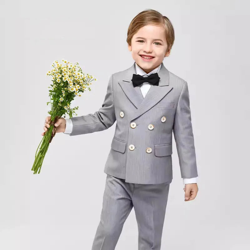 Boys Double Breasted Gray Formal Suit with Bow Tie