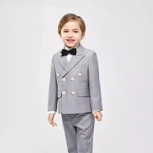 Boys Double Breasted Gray Formal Suit with Bow Tie