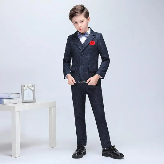 Boys Formal Dark Navy Suit Set with Red Pocket Square and Bow Tie
