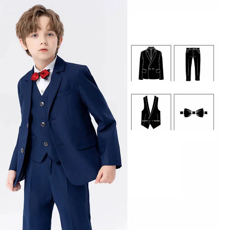 Traje de tres piezas azul marino para niño con pajarita roja 