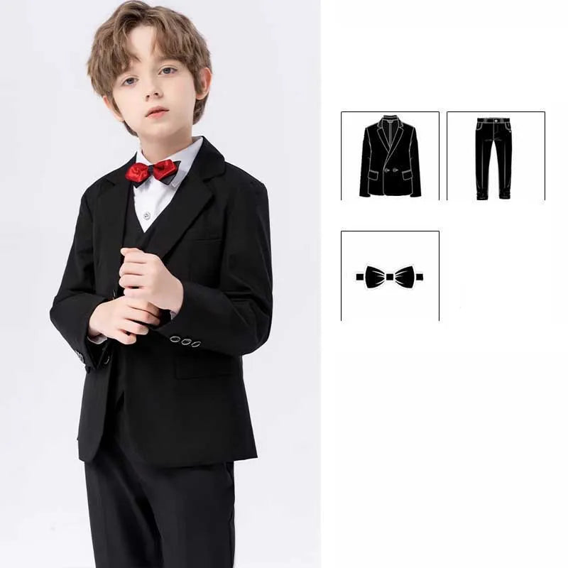 Traje de tres piezas azul marino para niño con pajarita roja 
