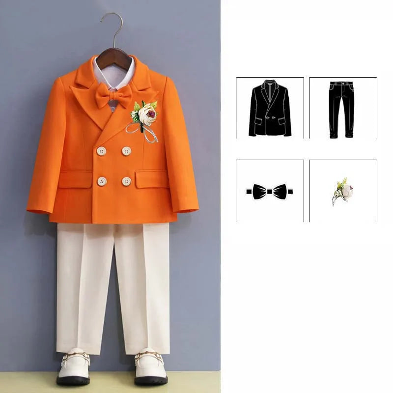 Boys Formal Suit Set Double Breasted Jacket Bow Tie and Dress Pants