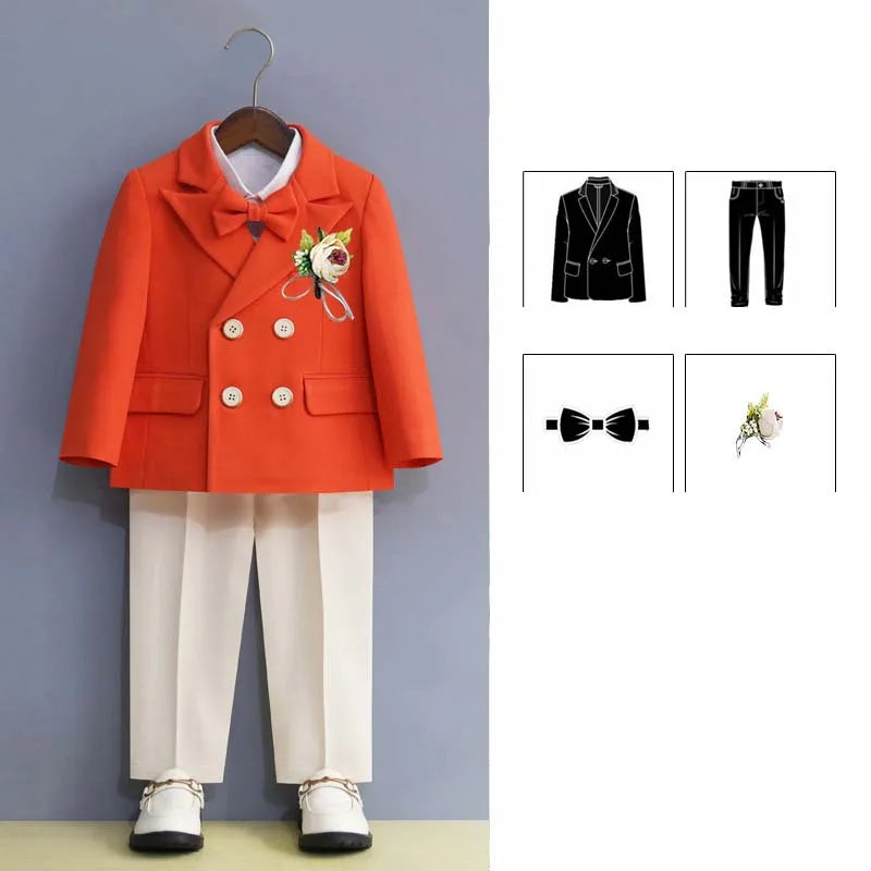 Boys Formal Suit Set Double Breasted Jacket Bow Tie and Dress Pants