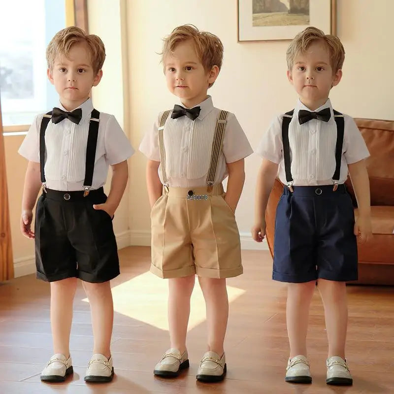 Conjunto de vestido formal para niño con tirantes, pajarita y pantalones cortos, conjunto de ropa para fiesta de boda infantil 